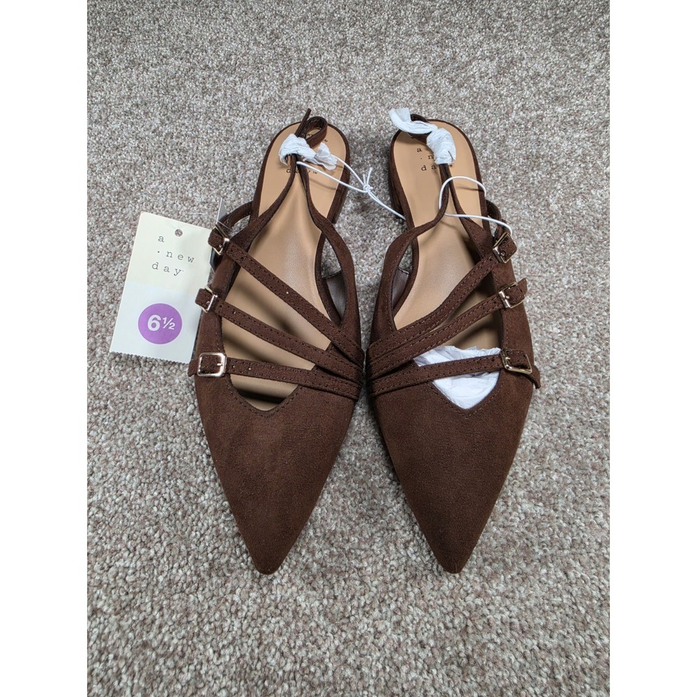 A New Day Twiggy Brown Strappy Pointed Toe Slingback Flats Womens Size 6.5 NWT